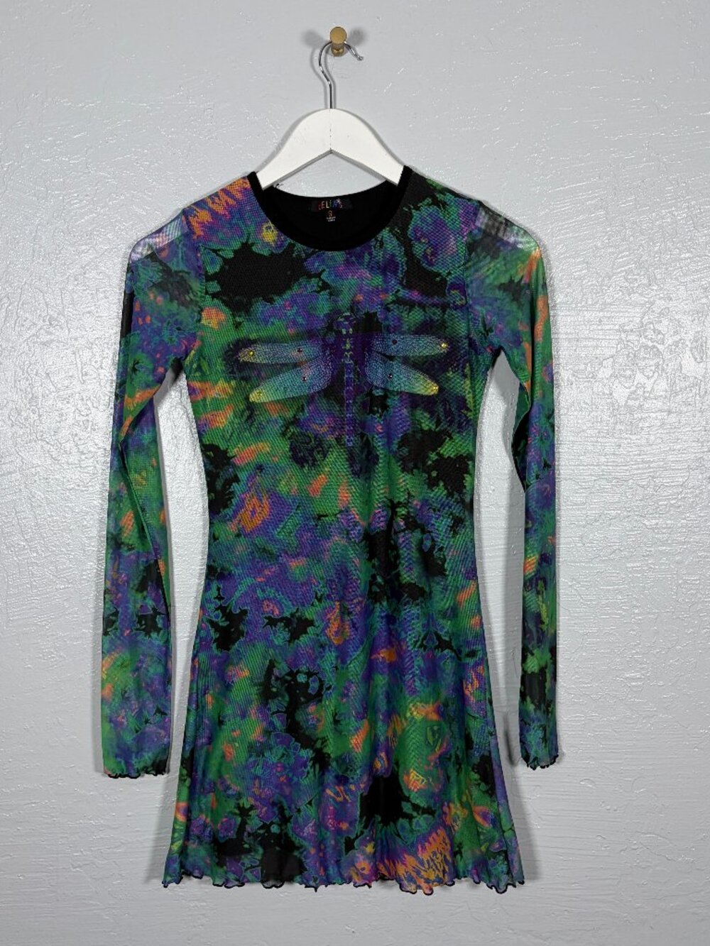 Delia*s by Dolls Kill Women S Dragonfly Mesh Mini Dress Long Sleeve Y2K Retro